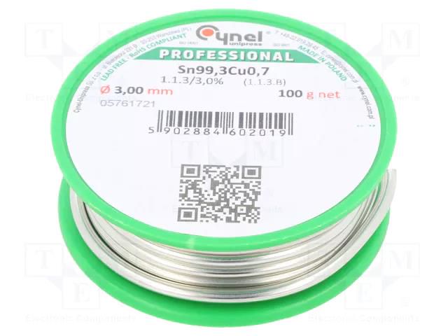 Tin; lead free; Sn99,3Cu0,7; 3mm; 100g; reel; 227°C; 3%; Flux: SW32 CYNEL SN99C-3.0/0.1