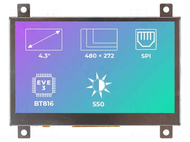 Display: TFT; 4.3"; 480x272; Illumin: LED; Dim: 106.3x68x6.85mm Riverdi SM-RVT43ALBFWN00