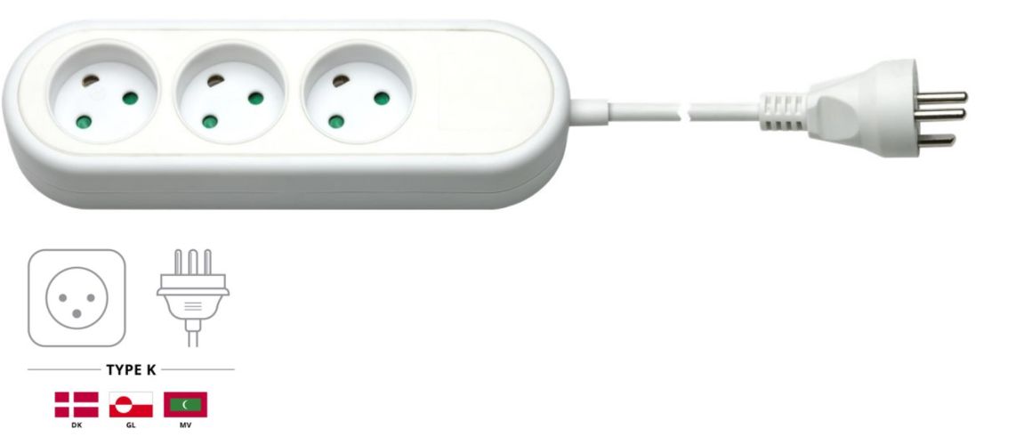 3-way power strip Denmark, 1,5 m, white, 1.5 m - for connecting up to three electronic devices 77619