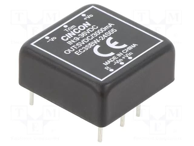 Converter: DC/DC; 15W; Uin: 9÷36VDC; Uout: 5VDC; Iout: 3000mA; THT CINCON EC3SBW-24S05