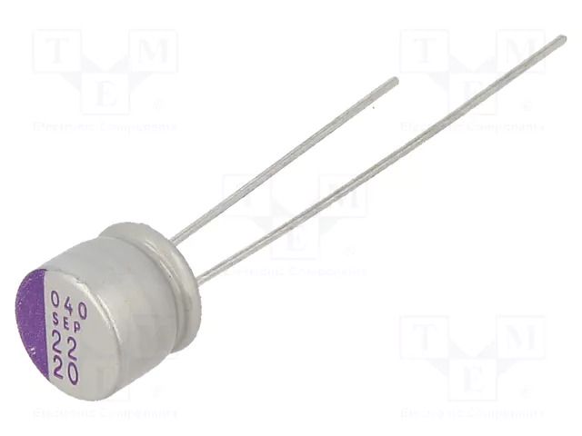 Capacitor: polymer; 22uF; 20VDC; THT; ±20%; Body dim: Ø6.3x6mm; 60mΩ PANASONIC 20SEP22M