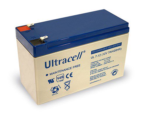 UL lead acid battery 12 V, 7 Ah (UL7-12), white-blue - Faston (4.8mm) lead acid battery, VdS 78246