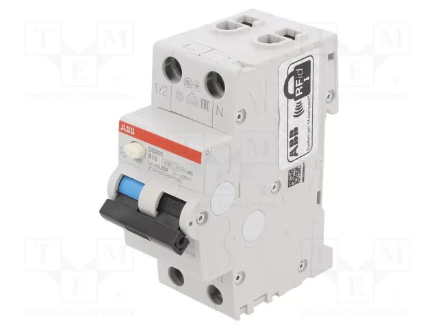 RCBO breaker; Inom: 10A; Ires: 30mA; Poles: 1+N; 230VAC; IP20; DS200 ABB DS201AC-B10/0.03