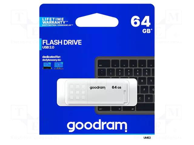 Pendrive; USB 2.0; 64GB; R: 20MB/s; W: 5MB/s; white; USB A GOODRAM UME2-0640W0R11