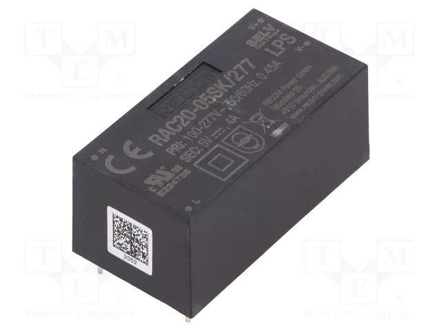 Converter: AC/DC; 20W; Uin: 85÷305VAC,120÷430VDC; Uout: 5VDC; 84% RECOM RAC20-05SK/277