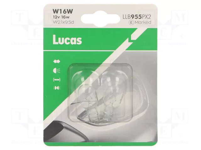 Filament lamp: automotive; W2,1x9,5d; transparent; 12V; 16W; LLB LUCAS LLB955PX2