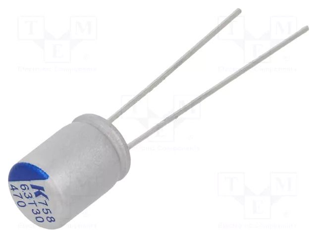 Capacitor: polymer; low ESR; H: 8mm; 470uF; 6.3VDC; THT; ESR: 15mΩ KEMET A758EK477M0JAAE015