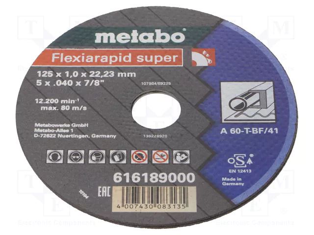 Cutting wheel; Ø: 125mm; Disc thick: 1mm; steel; 22.23mm METABO MTB.616189000