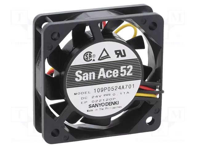 Fan: DC; axial; 24VDC; 52x52x15mm; 22.5m3/h; 36dBA; ball; 6800rpm SANYO DENKI 109P0524A701