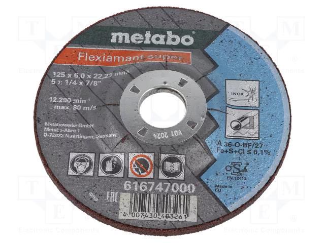 Grinding wheel; Ø: 125mm; Øhole: 22.2mm; Disc thick: 6mm METABO MTB.616747000