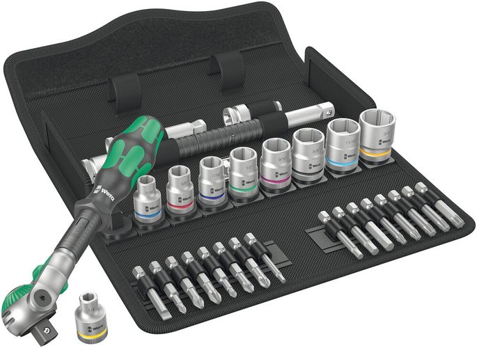 8100 SB 9 Zyklop Speed Ratchet Set, 3/8" drive, imperial, 1 x 3/8"x199.0; 1 x 1/4"x29.0; 1 x 5/16"x29.0; 1 x 3/8"x29.0; 1 x 7/16"x29.0; 1 x 1/2"x29.0; 1 x 9/16"x29.0; 1 x 5/8"x30.0; 1 x 11/16"x30.0; 1 x 3/4"x30.0; 1 x 3/8"x200.0; 1 x 3/8"x76.0; 1 x 1/4"x3 05004049001