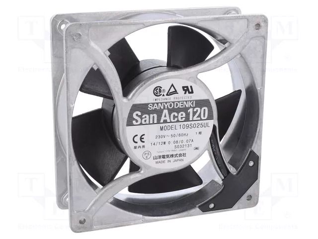 Fan: AC; axial; 120x120x38mm; 141m3/h; 40dBA; ball; 2700rpm; 230VAC SANYO DENKI 109S025UL