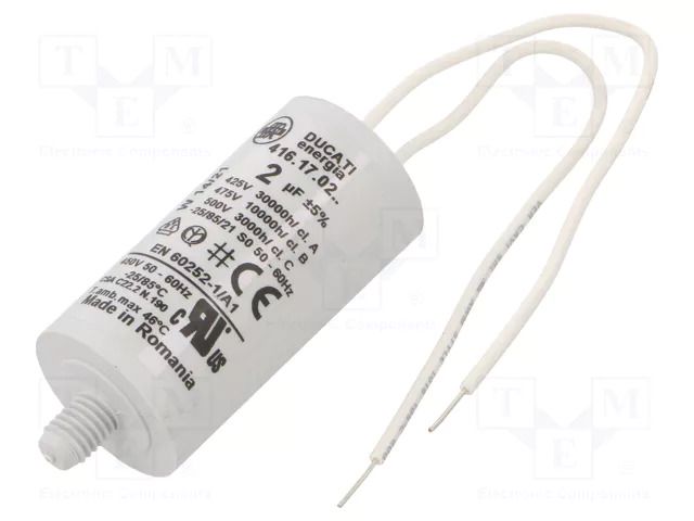 Capacitor: polypropylene; motors, run; 2uF; 425VAC; Ø28x55mm; ±5% DUCATI ENERGIA 4.16.17.02GA