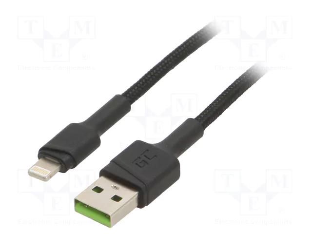 Cable; USB 2.0; Apple Lightning plug,USB A plug; 1.2m; black GREEN CELL GC-KABGC21