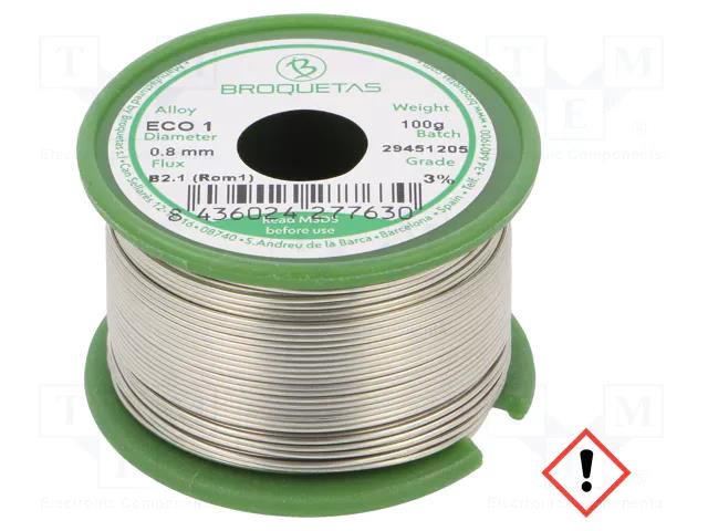 Tin; lead free; Sn99,3Cu0,7; 0.8mm; 0.1kg; reel; 220°C; Flux: SW26 BROQUETAS ECO1-08/01H