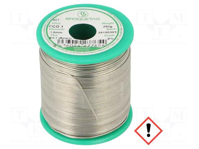 Tin; lead free; Sn99,3Cu0,7; 0.8mm; 0.25kg; reel; 220°C; Flux: SW26 BROQUETAS ECO1-08/025H