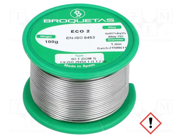 Tin; lead free; Sn97Ag3; 1mm; 100g; reel; 221°C; Flux: SW26 BROQUETAS ECO2-10/01H