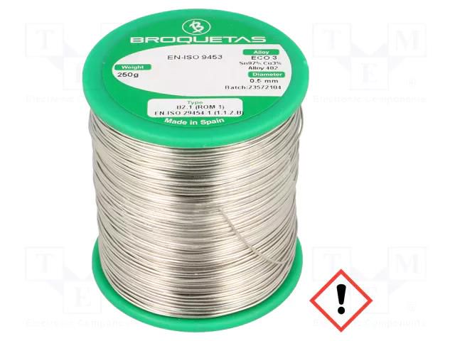 Tin; lead free; Sn97Cu3; 0.5mm; 250g; reel; 230°C; Flux: SW26 BROQUETAS ECO3-05/025H