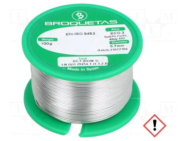 Tin; lead free; Sn97Cu3; 0.7mm; 100g; reel; 230°C; Flux: SW26 BROQUETAS ECO3-07/01H