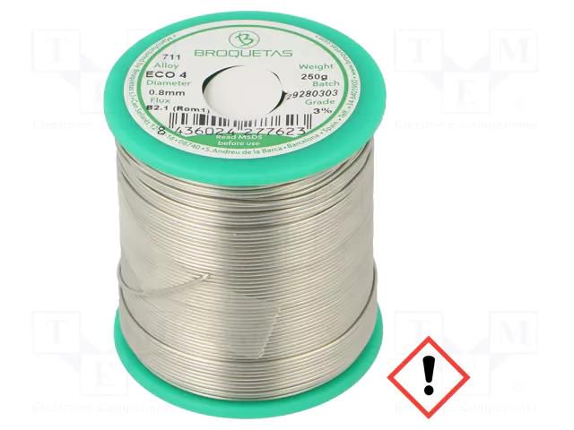 Tin; lead free; Sn96,5Ag3Cu0,5; 0.8mm; 0.25kg; reel; 217÷220°C BROQUETAS ECO4-08/025H