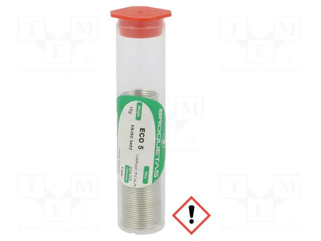 Tin; lead free; Sn99Ag0,3Cu0,7; 1mm; 16g; phial; 217÷227°C BROQUETAS ECO5-10/16FL