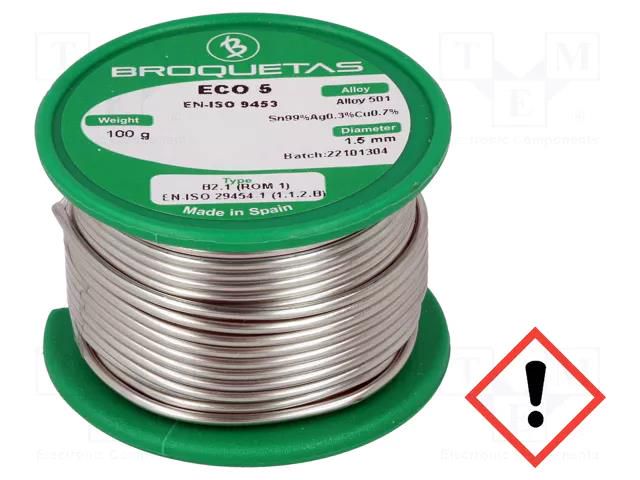 Tin; lead free; Sn99Ag0,3Cu0,7; 1.5mm; 0.1kg; reel; 217÷227°C BROQUETAS ECO5-15/01H