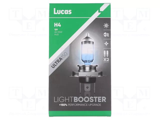 Filament lamp: automotive; P43t; white; 12V; 60/55W; +150% LUCAS LLX472CLX2