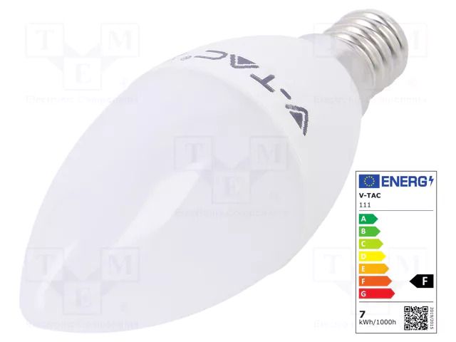 LED lamp; white warm; E14; 220/240VAC; 600lm; P: 7W; 200°; 3000K V-TAC 3800157637107