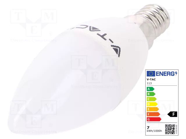LED lamp; white cold; E14; 220/240VAC; 600lm; P: 7W; 200°; 6400K V-TAC 3800157637121
