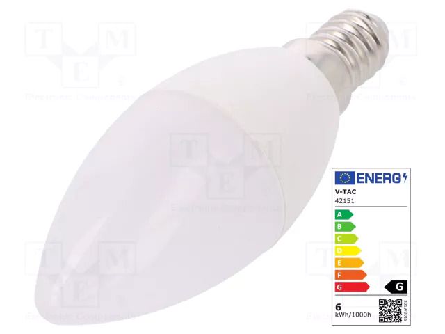 LED lamp; white warm; E14; 220/240VAC; 470lm; P: 5.5W; 200°; 2700K V-TAC 3800157639316