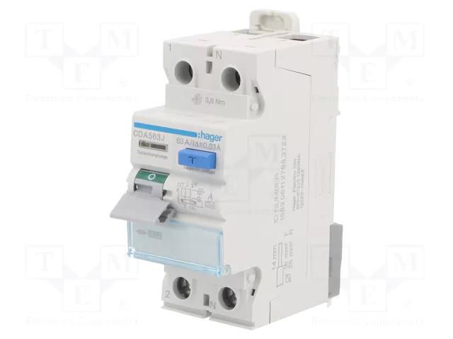 RCD breaker; Inom: 63A; Ires: 30mA; Max surge current: 250A; 240VAC HAGER CDA563J