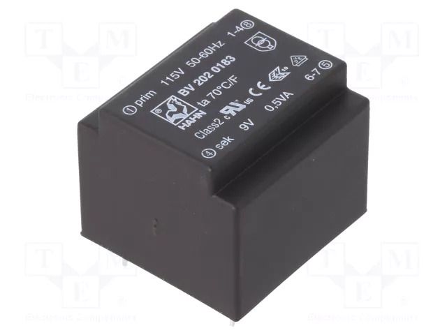 Transformer: encapsulated; 0.5VA; 115VAC; 9V; 56mA; PCB; BV HAHN BV2020183