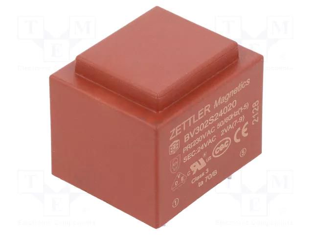 Transformer: encapsulated; 2VA; 230VAC; 24V; 83mA; PCB ZETTLER BV302S24020