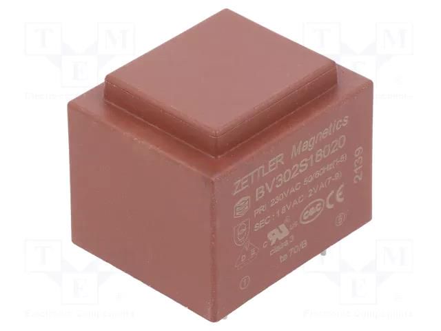 Transformer: encapsulated; 2VA; 230VAC; 18V; 111mA; PCB ZETTLER BV302S18020