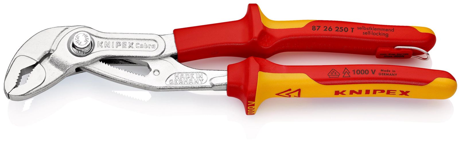 KNIPEX 87 26 250 T Cobra® VDE High-Tech Water Pump Pliers, insulated insulated with multi-component grips with integrated insulated tether attachment point, VDE tested chrome-plated 250 mm 87 26 250 T 4003773081517