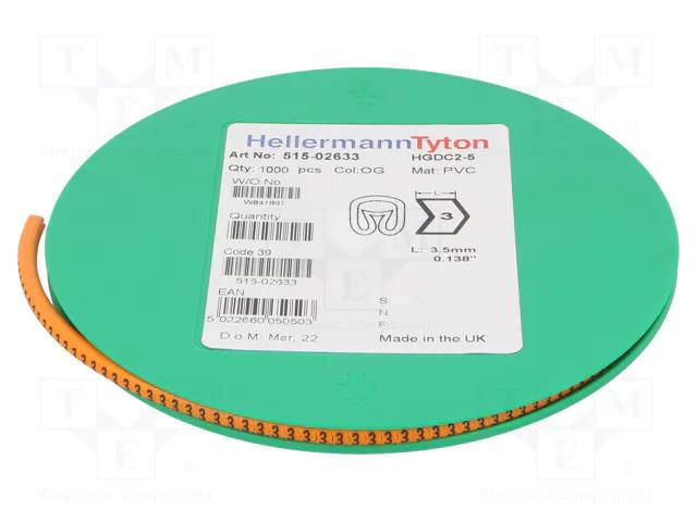 Markers; Marking: 3; 2÷5mm; PVC; orange; -65÷105°C; leaded; HGDC2-5 HELLERMANNTYTON HGDC2-53-PVC-OG