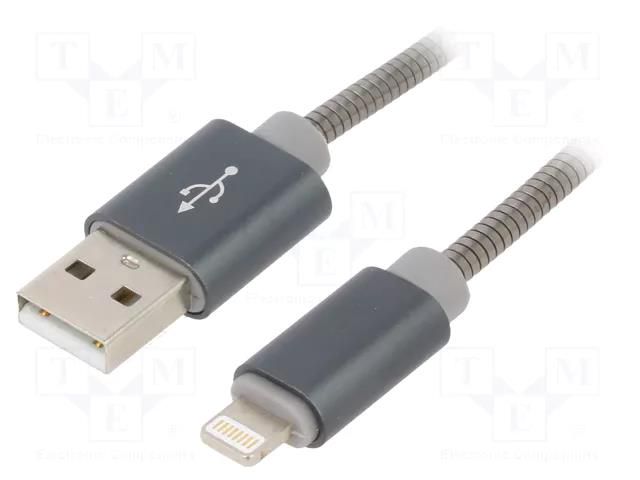 Cable; USB 2.0; Apple Lightning plug,USB A plug; 2m; grey; metal GEMBIRD CC-USB2S-AMLM-2BG
