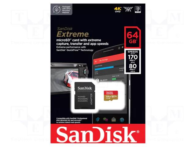 Memory card; Extreme,A2 Specification; microSD; R: 170MB/s; 64GB SANDISK SDSQXAH-064G-GN6MA