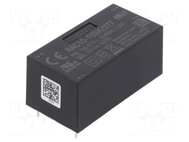 Converter: AC/DC; 10W; Uin: 85÷305VAC,120÷430VDC; Uout: 15VDC; 85% RECOM RAC10-15SK/277