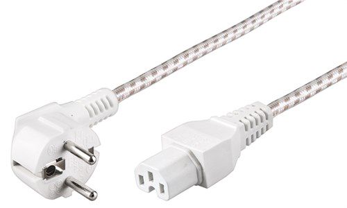 Angled Connection Cable with hot-condition coupler, 2 m, White and Silver, (3*0.75 mm²), 2 m, white-silver - safety plug hybrid (type E/F, CEE 7/7) 90° > Device socket C1 93314