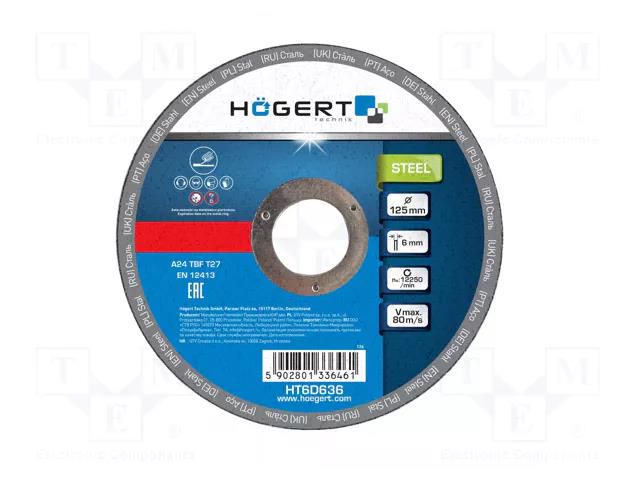 Grinding wheel; Ø: 125mm; Øhole: 22.23mm; Disc thick: 6mm; corundum HÖGERT TECHNIK HT6D636