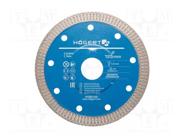 Cutting diamond wheel; Ø: 125mm; Øhole: 22.2mm; Disc thick: 1.2mm HÖGERT TECHNIK HT6D722