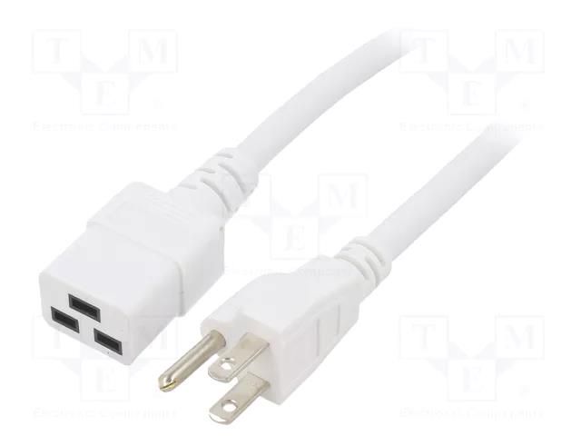 Cable; 3x14AWG; IEC C19 female,NEMA 5-15 (B) plug; PVC; 3m; white LIAN DUNG SN318-3/14/3.0WH