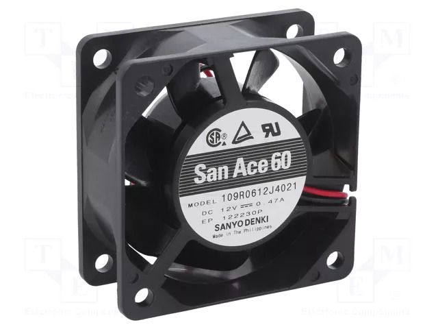 Fan: DC; axial; 12VDC; 60x60x25mm; 63.6m3/h; 44dBA; ball; 7600rpm SANYO DENKI 109R0612J4021