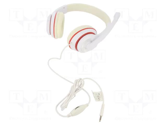 Headphones with microphone; white,red; Jack 3,5mm; headphones GEMBIRD MHS-03-WTRD