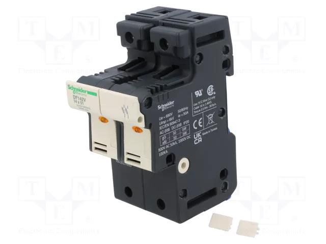 Fuse base; 14x51mm; for DIN rail mounting; 50A; Poles: 2 SCHNEIDER ELECTRIC DF142V