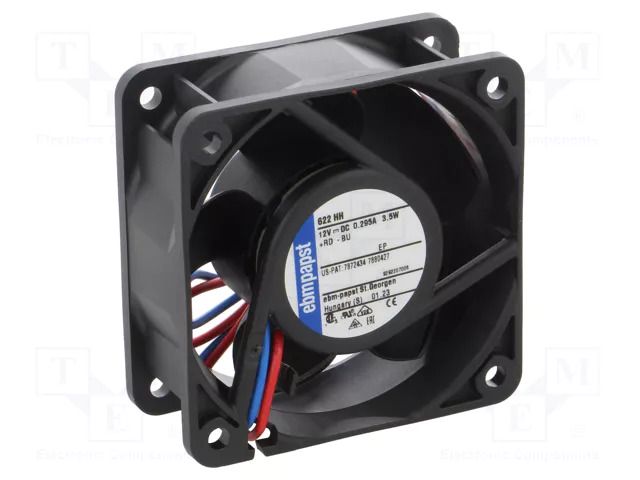 Fan: DC; axial; 12VDC; 60x60x25mm; 56m3/h; 43dBA; ball; 8200rpm EBM-PAPST 622HH