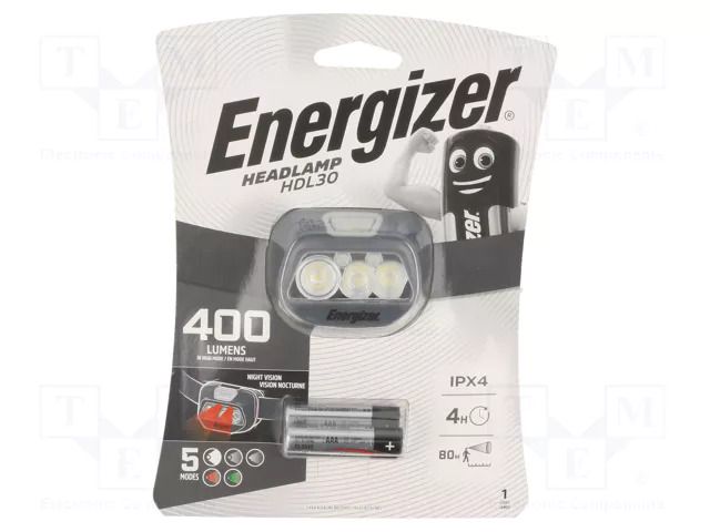 Torch: LED headtorch; IPX4; 25lm,400lm; 4h; 80m ENERGIZER HEADLAMP-HDL30