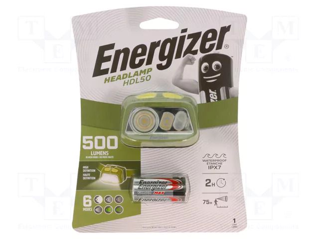 Torch: LED headtorch; IPX7; 90lm,500lm; 2h; 75m ENERGIZER HEADLAMP-HDL50