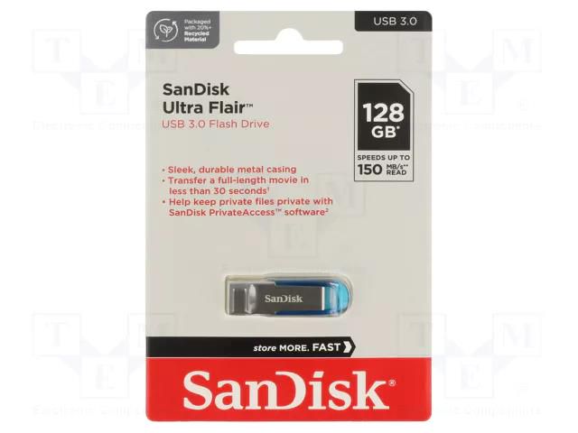 Pendrive; USB 3.0; 128GB; R: 150MB/s; ULTRA FLAIR; blue; USB A SANDISK SDCZ73-128G-G46B